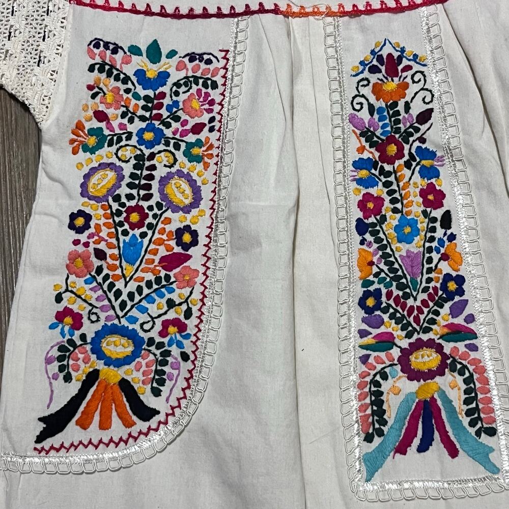 Vtg Artesanias FR Mexican Huipil Hand Embroidered Folk Art Tunic L Boho Festival - Picture 4 of 9